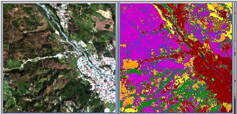 Pixel-based classification of airborne MASTER image Original airborne MASTER image over Turrialba (left) and standard Maximum Likelihood supervised classifcation results using the radiance-at-sensor