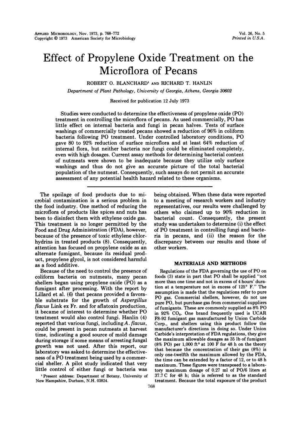 APPLIED MICROBIOLOGY, Nov. 1973, p. 768-772 Copyright 0 1973 American Society for Microbiology Vol. 26, No. 5 Printed in U.SA. Effect of Propylene Oxide Treatment on the Microflora of Pecans ROBERT 0.