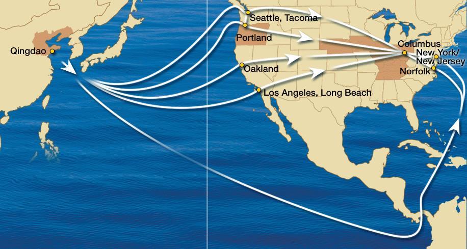 Qingdao to Columbus Distance by Gateway Nautical Intermodal Gateway miles Mileage Seattle / Tacoma 5,101 2,689
