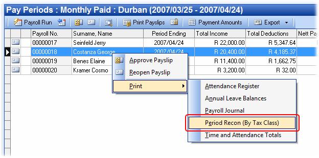 This report has the exact same layout as the Monthly Recon (By Tax Class) report, but only contains the payroll information in respect of the currently selected pay group and/or pay period.