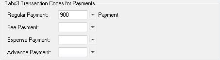 You can specify transaction codes for four payment types: Figure 9, Tabs3 Transaction Codes for Payments section Regular Fee/Expense/Advance Regular payments apply to fees, expenses, advances, and