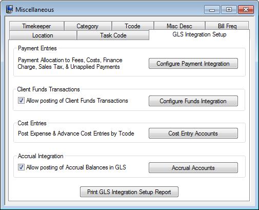 Figure 13, GLS Integration Setup From the GLS Integration Setup window, you can configure integration for the following transaction types: Payment Entries (page 39) Client Funds Transactions (page