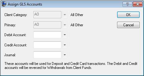 Figure 26, Assign GLS Accounts window (Double Method) 6. Specify the Debit Account, Credit Account, and Journal you want to use and click OK. 7.