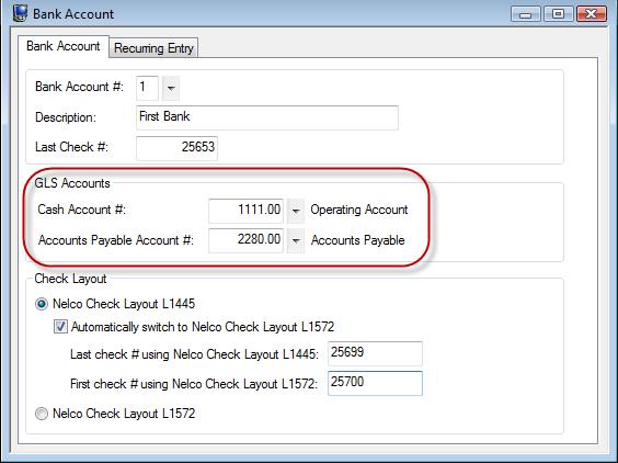 Figure 38, APS Bank Account tab GLS integration for the bank account is configured in the GLS Accounts section of this tab.