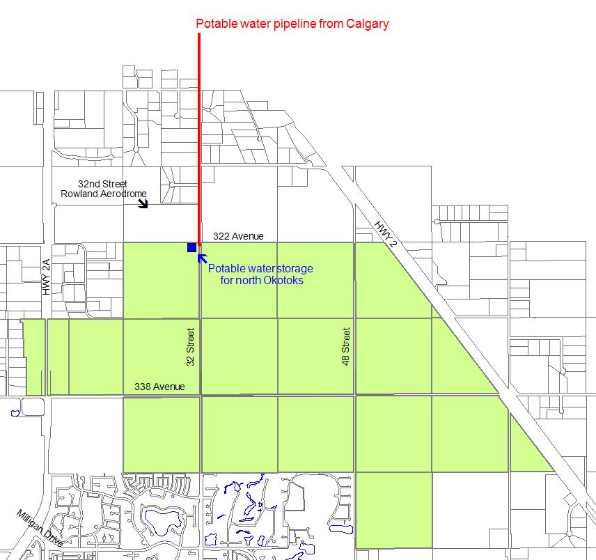 Figure 1: Treated Water from Calgary Since treated water must be pumped over a high elevation ridge north of 322 nd Avenue, Okotoks should build its potable water storage close to the highest
