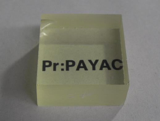 Photograph of Pr:PAYAC Pr:Glass(PAYAC) Data Sample Thickness = 10.053 [mm] Pr doping = 3000 [ppm] Number density = 5.94 10 19 [#/cm 2 ] Density = 4.