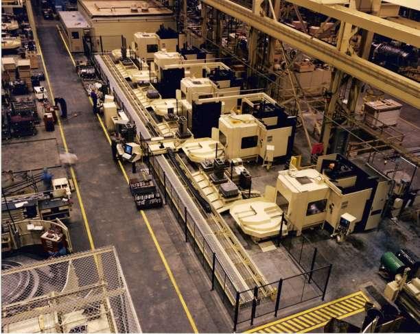 A five-machine flexible manufacturing system for machining (photo courtesy of Cincinnati Milacron)