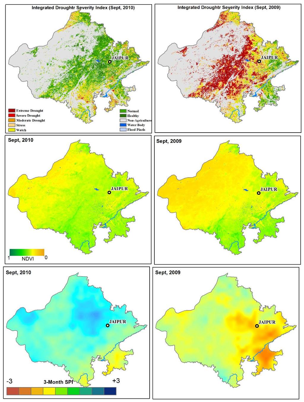 VCI, PCI and Drought Indices for drought year (2009) and normal year (2010), Rajasthan Long term NDVI