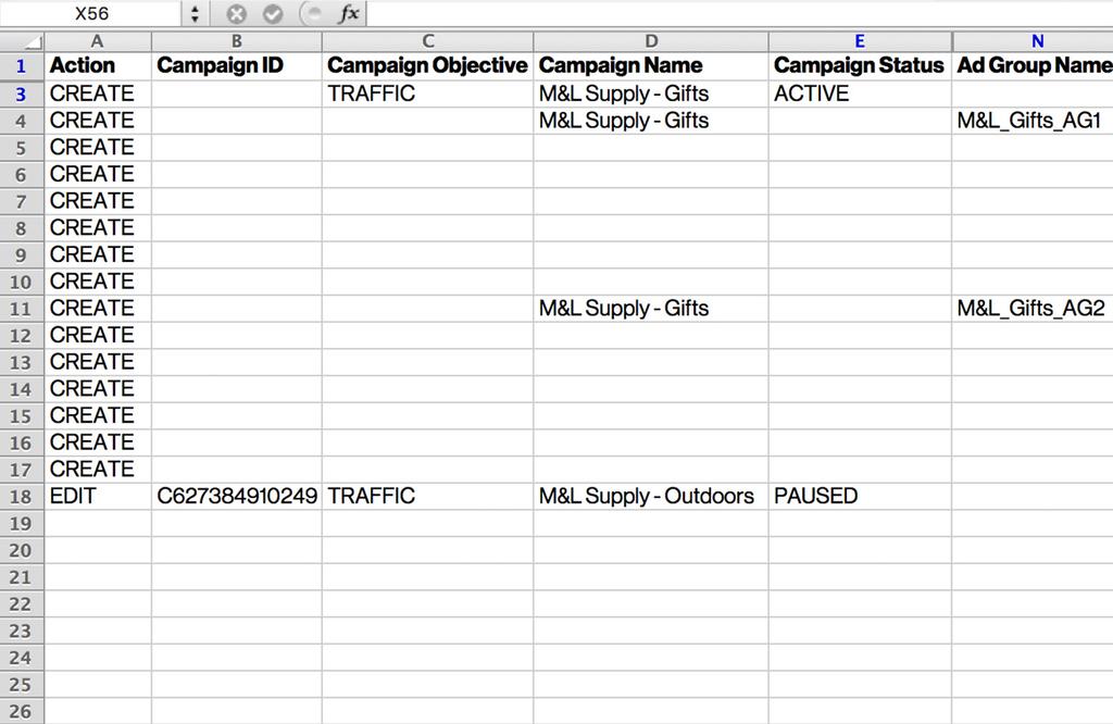 Filling out the bulk template You ll need to nest the rows to mirror the campaign structure, with ads underneath ad groups, and ad groups under campaigns, etc.