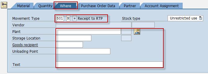 11. In the Detail Data Area, choose Partner tab and make the following entries as applicable: Vendor