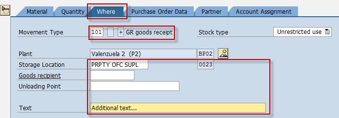 15. In the Detail Data Area,, choose Where tab and make the following entries as applicable: Storage Location Choose from the dropdown list Location on where you wish to store the material being