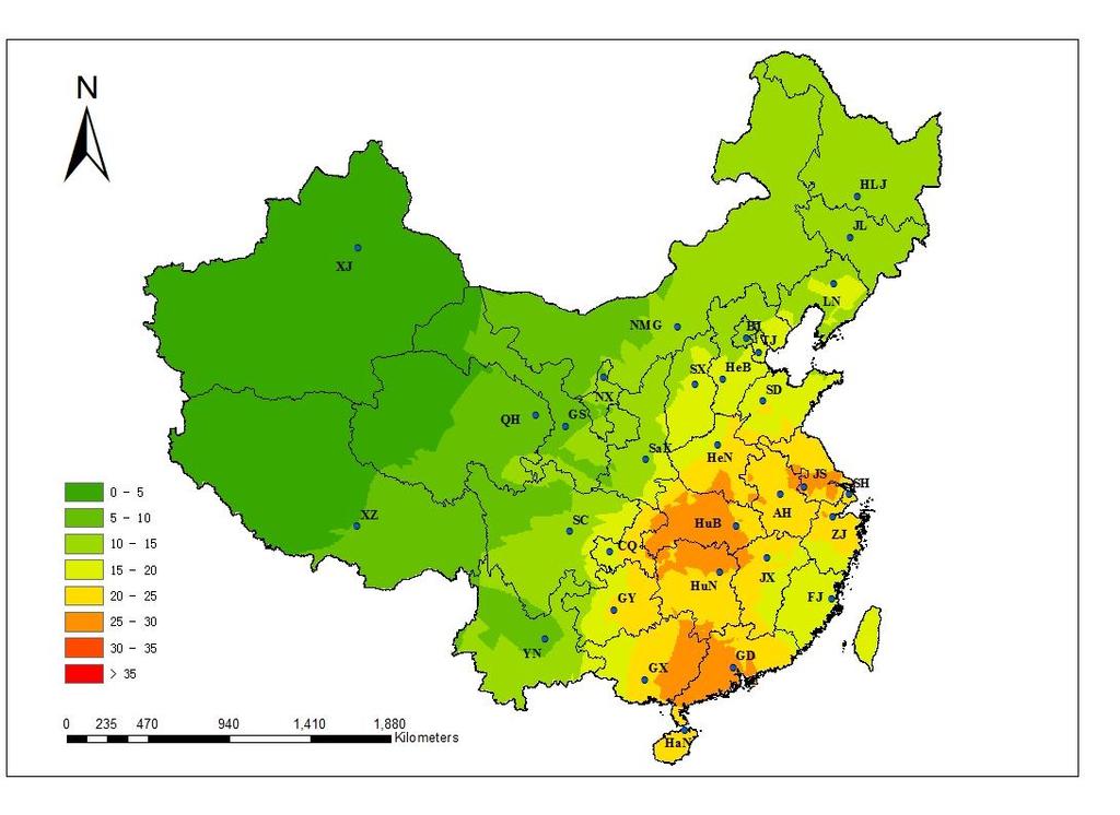 Spatial pattern of atmospheric wet N deposition in China 1990s