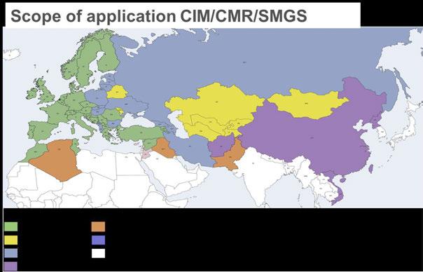 64 RAILWAYS ROLE IN INTERMODALITY AND THE DIGITALIZATION OF TRANSPORT DOCUMENTS Figure 57. Geographical scope of application of CIM/CMR/SMGS (Source: Brand, 20