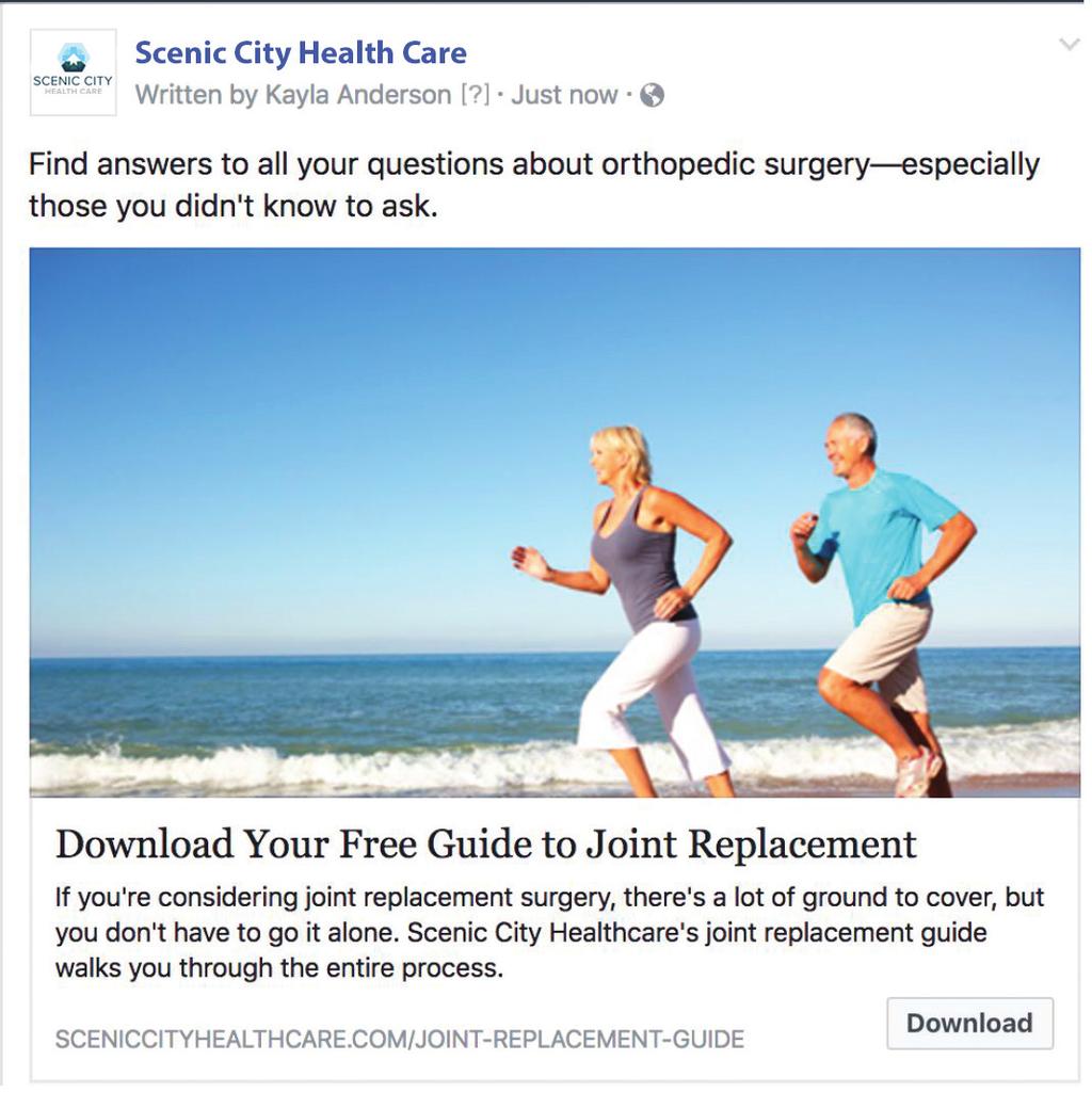 them but are not yet aware of specific solutions. This ad addresses that pain (your sore knees may prevent you from hiking) and offers a free assessment to see what solutions are right for the user.