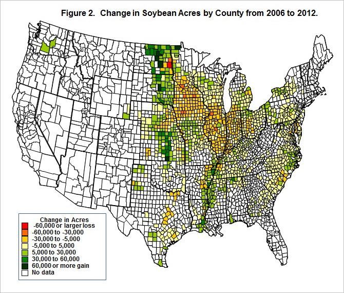 These acreage declines in the Corn Belt are more than offset by increases in the other areas, with the following regions standing out: Many counties in northwest Minnesota, eastern North Dakota, and