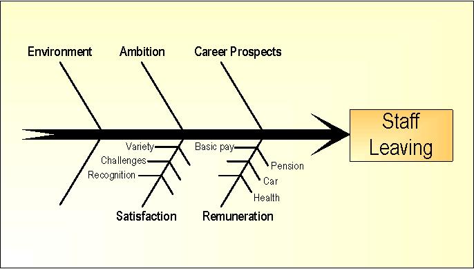 Sample Cause-and-Effect Diagram Possible causes of staff leaving before the end of a project They may include environment, ambition, career