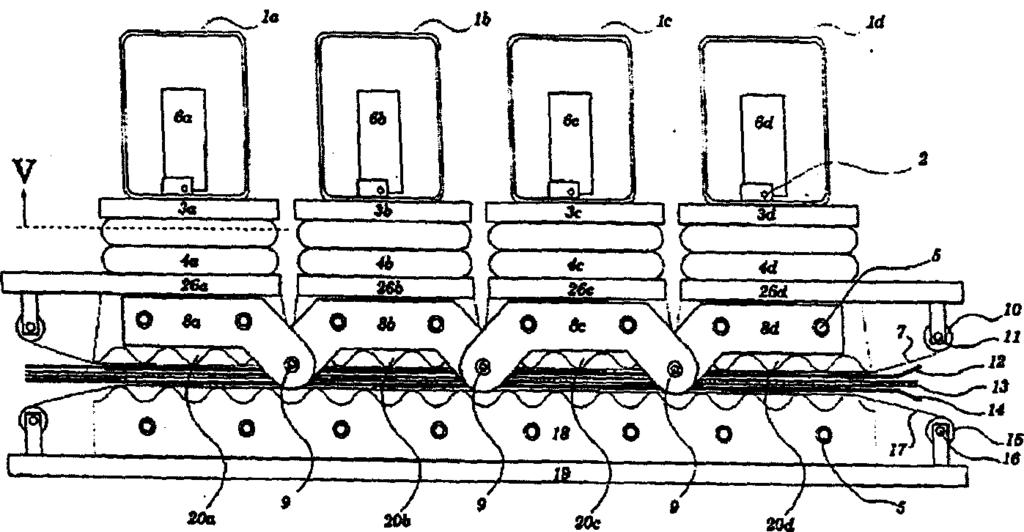Figure 2 - Patents 4,816,103 and 4,943,339 use an articulated hinged batch press to corrugate wood veneer.