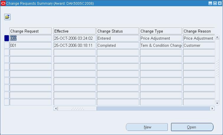 5. Select the document you want to view, and choose Open. The system displays the Change Request window.
