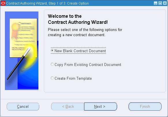 4. If your choice is Create a New Blank Document, the window displaying is the Contract Authoring Wizard, Step 3. Select values in the fields for this contract.
