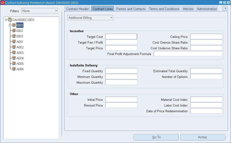 2. Select a line and the Contract Lines tab, select Additional Billing in the pull down menu. 3. Enter information in the Incentive region, if this is an incentive type line for this contract.