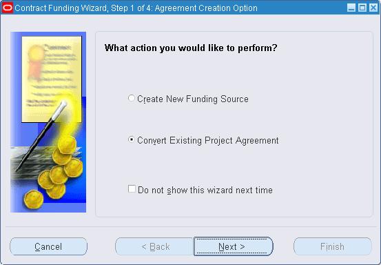 2. The Contract Funding Wizard supports two radio buttons and a check box.