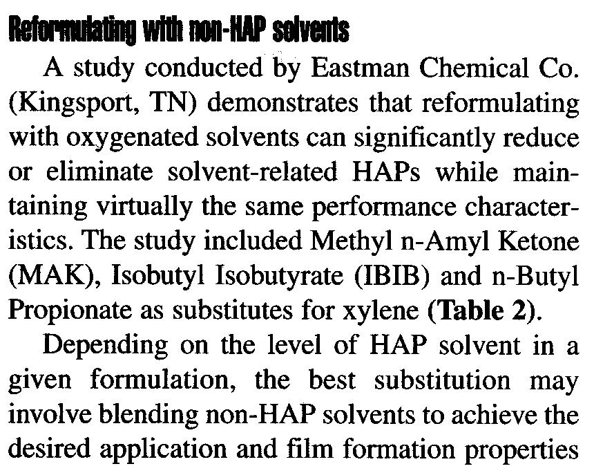 or aesthetic appearance. c;;- c:: = E- c:: = c.. 'E Table 1 Changing Demand fo Solvents ReformulaUng with non-hap solvents A study conducted by Eastman Chemical Co.