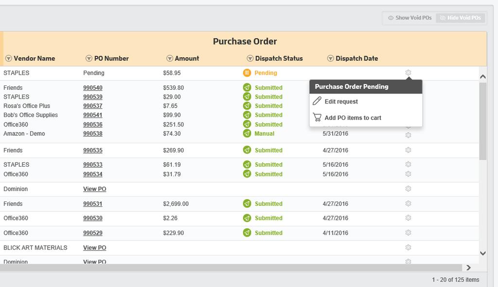 4.1 Purchase Orders Once a request has been finally approved (or for requests that did not require approval), SpendBridge generates a PO for each vendor on the request and sends those POs