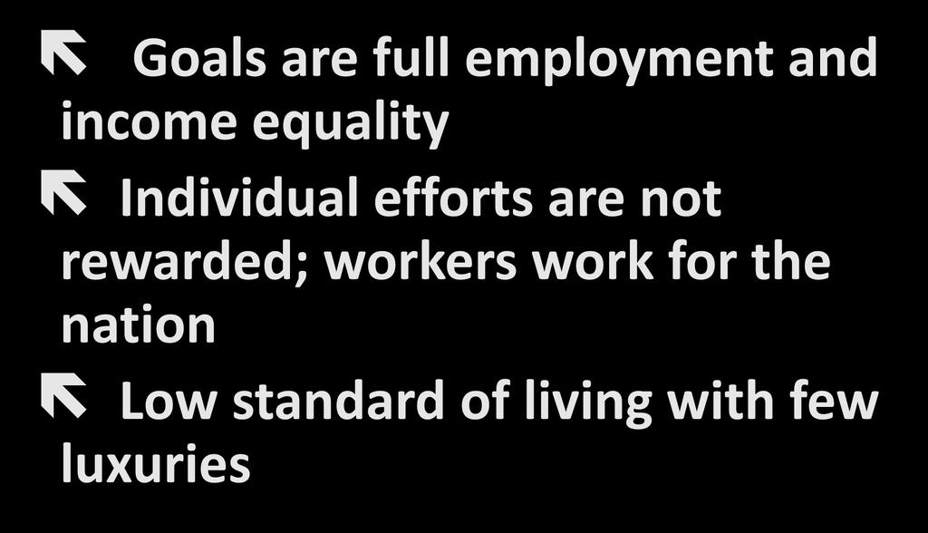 Standard of Living Goals are full employment and income equality Individual efforts