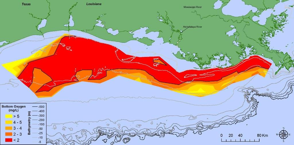 PRESS RELEASE LOUISIANA UNIVERSITIES MARINE CONSORTIUM August 2, 2017 SUMMARY The 2017 area of low oxygen, commonly known as the Dead Zone, measured 22,720 square kilometers (= 8,776 square miles) is