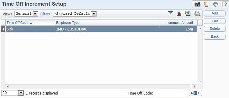 Setting Up Time Off Figure 81 - Time Off Increment Setup screen Configuring Time Off Defaults Setup Time Off Defaults Setup allows you to define Time Off Code default values for a group of employees