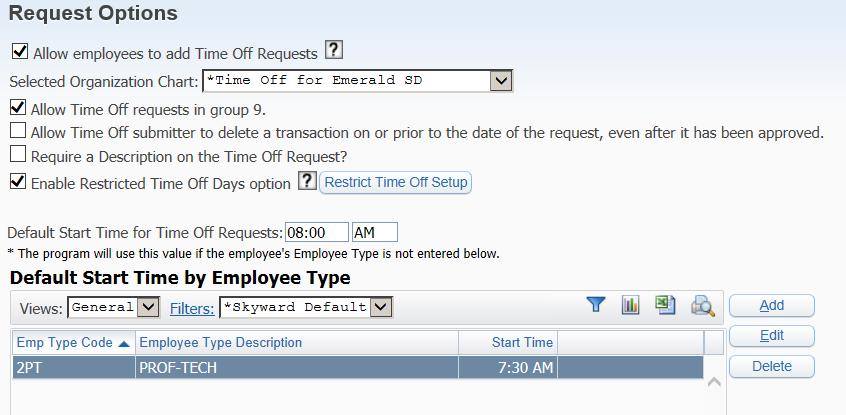 Setting Up Time Off in Employee Access 3. Configure the Request Options screen (Figure 91). Table 13 describes the options on this screen. 4. Click Save.