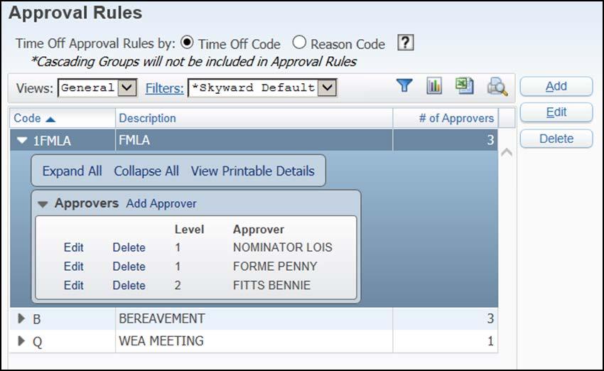 Setting Up Time Off in Employee Access 5. Enter a code in the Time Off Code or Reason Code box. 6. Click Save. 7. Click the arrow to the left of Code and click Add Approver. 8.