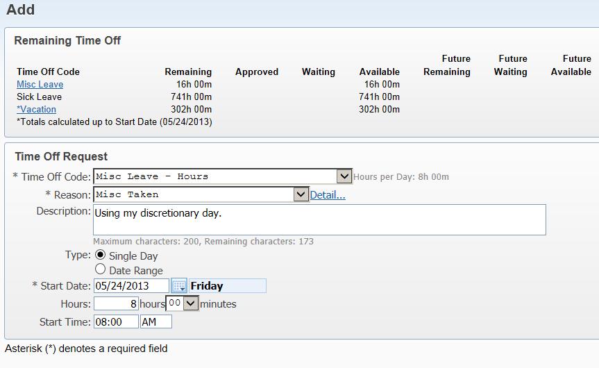 Figure 95 - Cascading Group Maintenance screen Figure 96 shows how this Cascading Group looks to an employee adding a time off request in Employee Access.