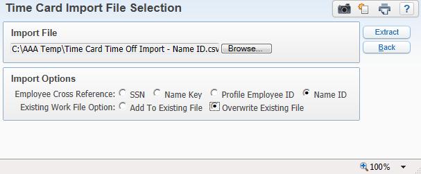 Entering a Time Off Transaction Caution Remove the heading rows and name columns from the.csv before importing. To extract time card data: 1. Go to Human Resources\Time Off\TC\ET. 2. Click Browse. 3.