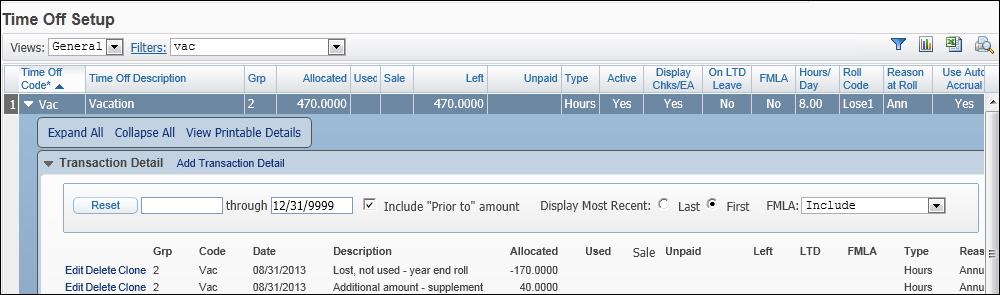 Running the Year End Purge The Purge process first reduces the vacation balance to a 300 maximum per the Time Off Code Roll configuration (Figure 26 on page 38).