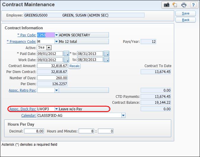 Processing Leave Without Pay Figure 40 - Contract with Dock Pay Record Selecting a Leave Without Pay Method In Time Off System Setup Options, you must select the LWOP method you want to use.
