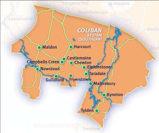The Coliban Southern system supplies Castlemaine, Kyneton, Elphinstone, Taradale, Maldon, Malmsbury, Newstead, Tylden, Harcourt and rural customers.