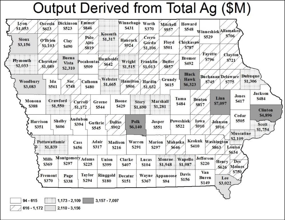 Figure 22 and Figure 23 illustrate the degree to which each Iowa county derives its output