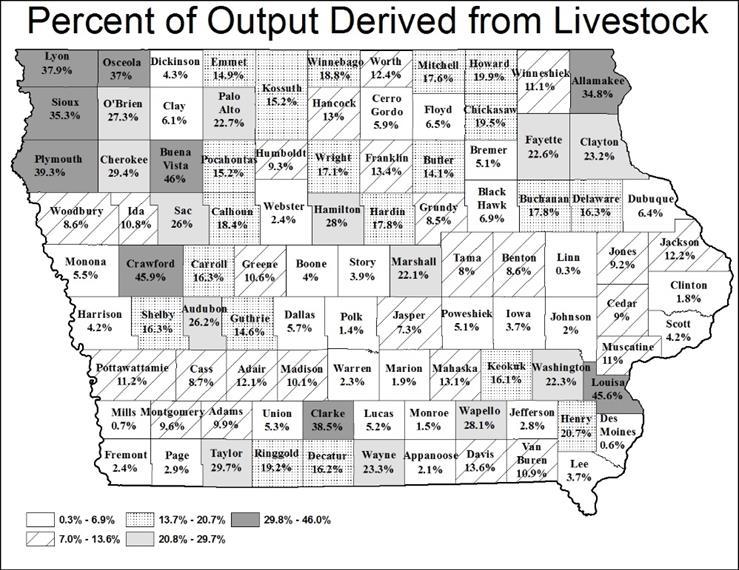 When the share of output derived from the production and processing of livestock is mapped, we see a higher share is generally