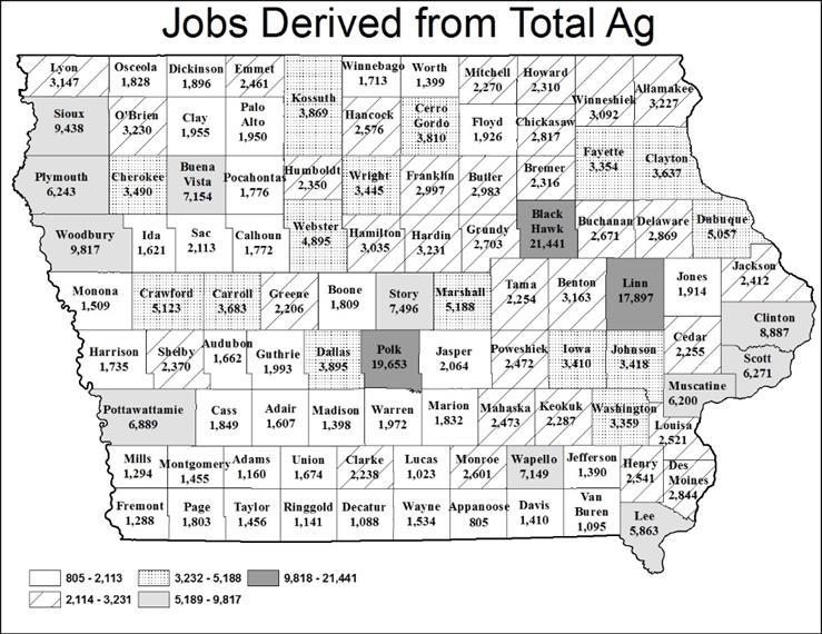 Figure 31 and Figure 32 illustrate the number of jobs by county that find their origins from all of Iowa agriculture
