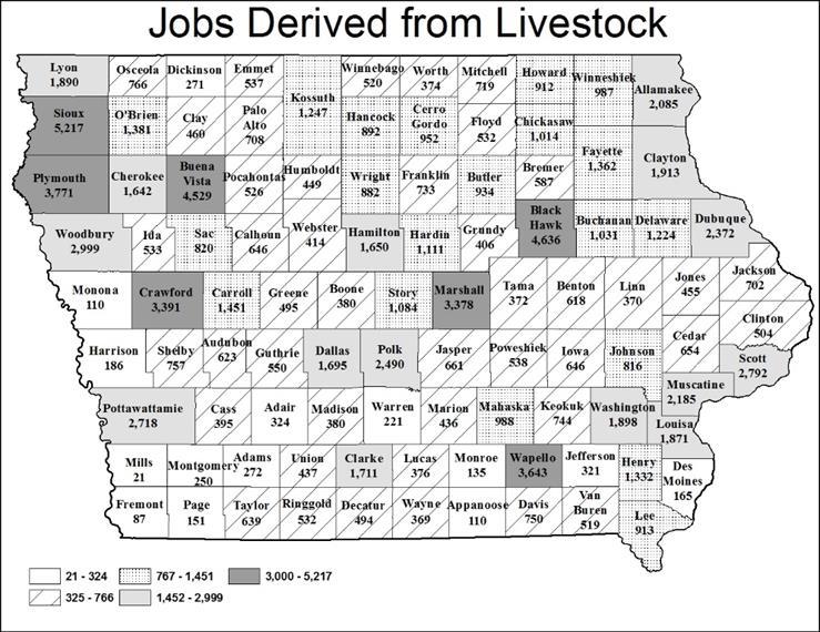 Figure 35 and Figure 36 illustrate the number of jobs that find their origins in the production and processing of livestock.