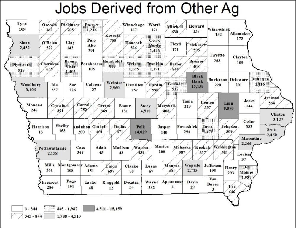 Figure 37 and Figure 38 illustrate the degree to which each Iowa County derives its jobs from Other Ag. The share of jobs derived from Other Ag ranges from 0.