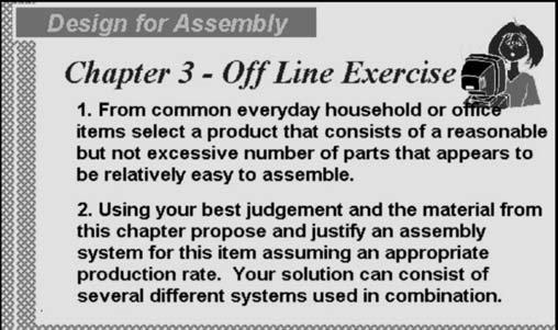22. Off Line Exercise In this off line exercise you will apply what you have learned about assembly systems by proposing a system for a product you choose.