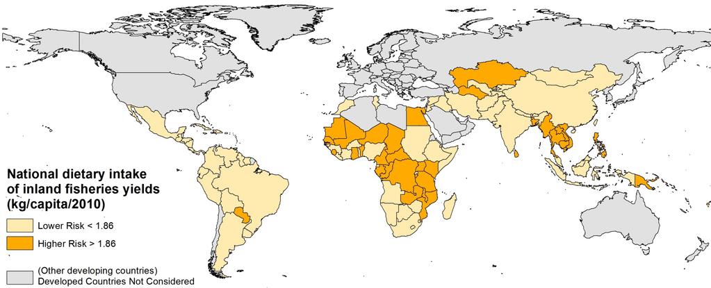 Water quality and food security: intake from inland fishery The World Water Quality Assessment Description :- Estimation of the level of consumption of inland fisheries per person per country.