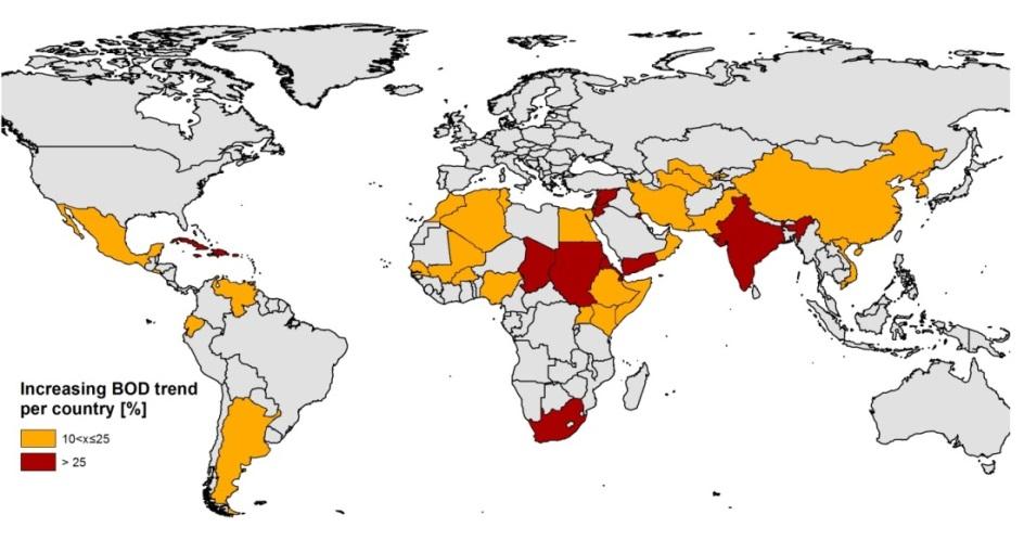 Water quality and food security: BOD hot spots The World Water Quality Assessment Description :- Percentage of river stretches in each country with increasing trend of BOD of particular concern