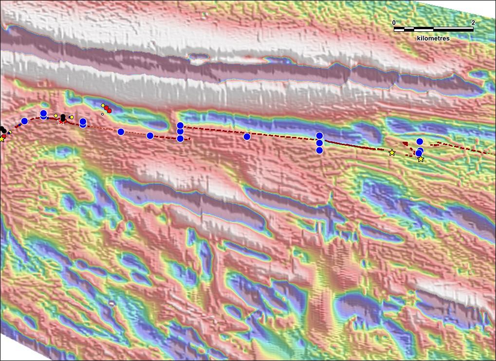 Figure 3. Plan showing ultra high resolution aeromagnetic data across the Opuwo Cobalt Project. The interpreted trace of the DOF horizon under cover and planned holes are also shown.