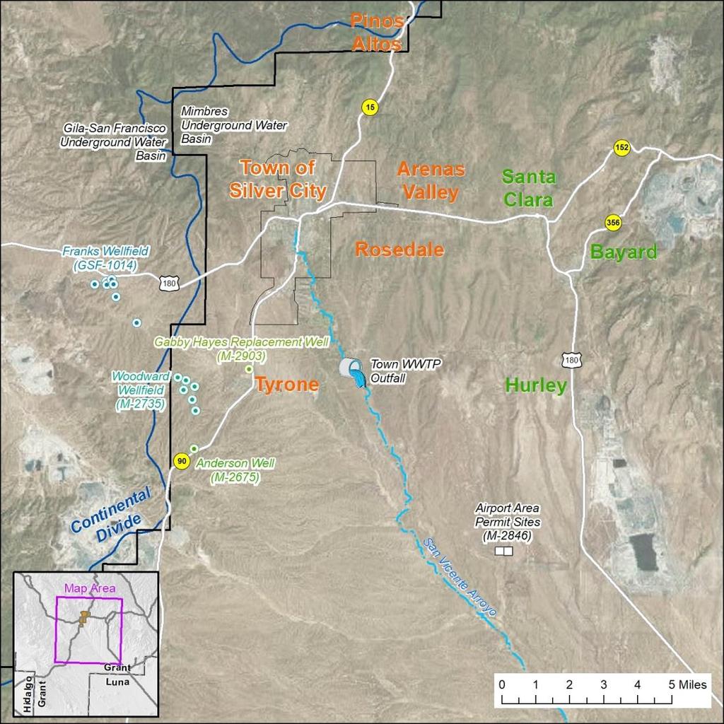 Figure 1. Location of the Town of Silver City, local water associations, Village of Santa Clara, City of Bayard and the Town of Hurley.
