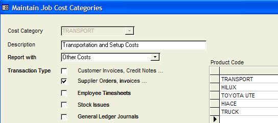 If you wanted to track transportation costs to a job, you can create a category, and define codes for different transactions which will be recognised and automatically classified.