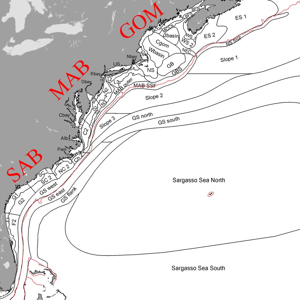 USECoS Study Region Fifty-two subregions Profiles inshore of