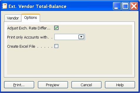 Trial Balance and Affiliation Trial Balance and Affiliation Balance Ext. Vendor Total-Balance Vendor tab Here you can specify the vendors to be considered in the report.